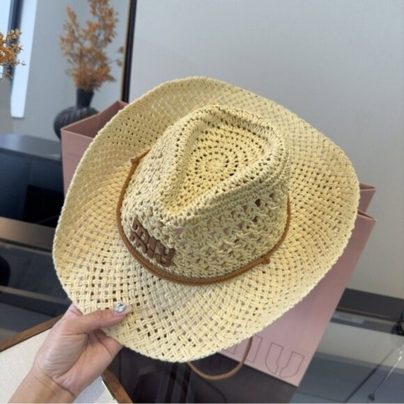 Miu Miu Straw Hat Woven Raffia Summer Beach Sun Hat Designer Chic - Picture 8 of 9